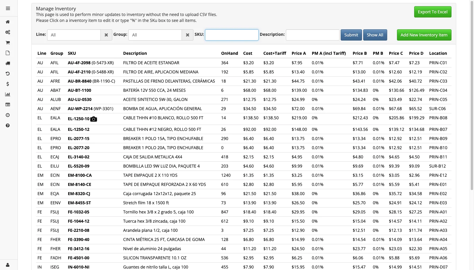 Catálogo de inventario en Eli-T, con existencias, costos, niveles de precio y ubicación